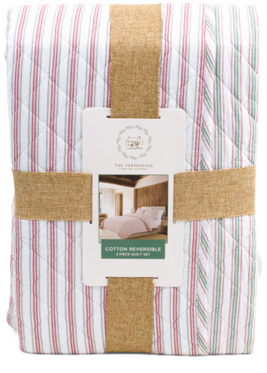 White striped cotton full/queen quilt set with red and green stripes folded