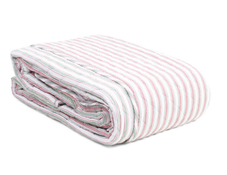 White striped cotton full/queen quilt set with red and green stripes folded