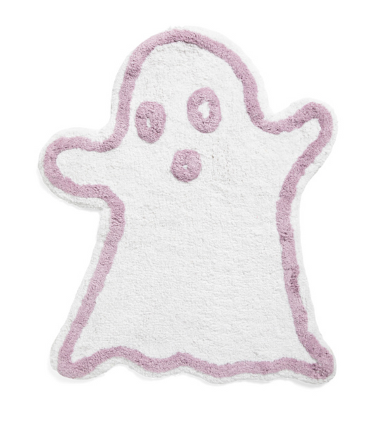 Ghost-shaped bath mat with pink border on a white background
