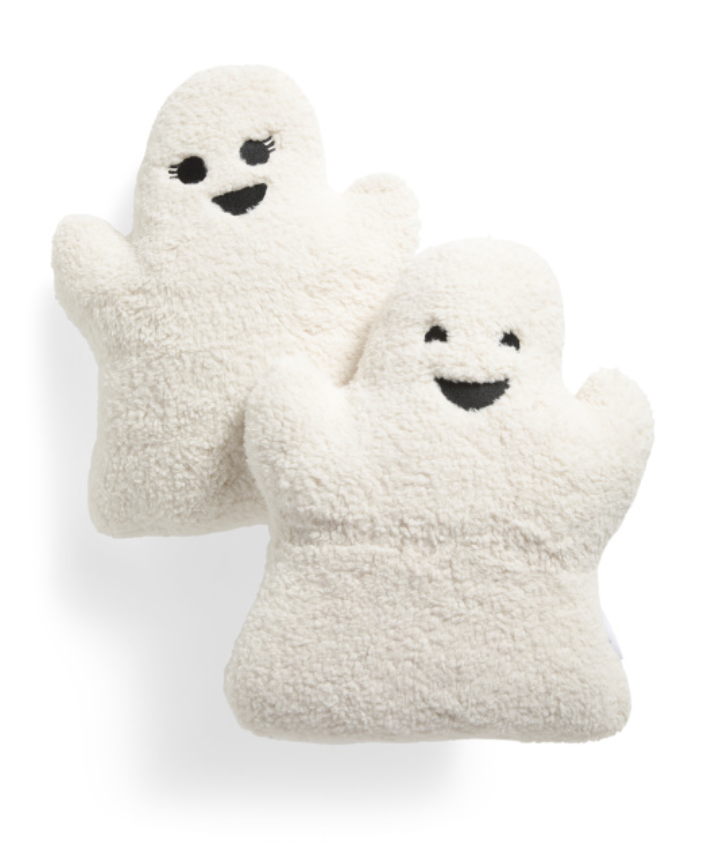 Pair of plush ghost-shaped mittens on a white background