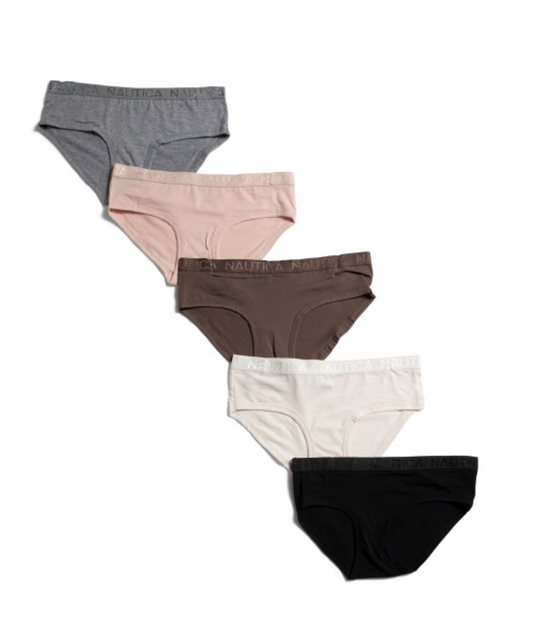 Set of five pairs of women's underwear in various colors on a white background