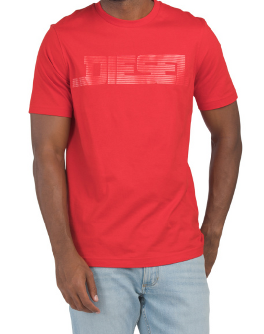 Red t-shirt with 'Diesel' logo worn by a person on a white background