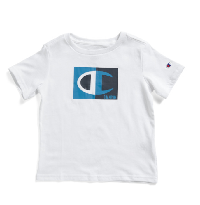 White t-shirt with a blue and black logo on a white background