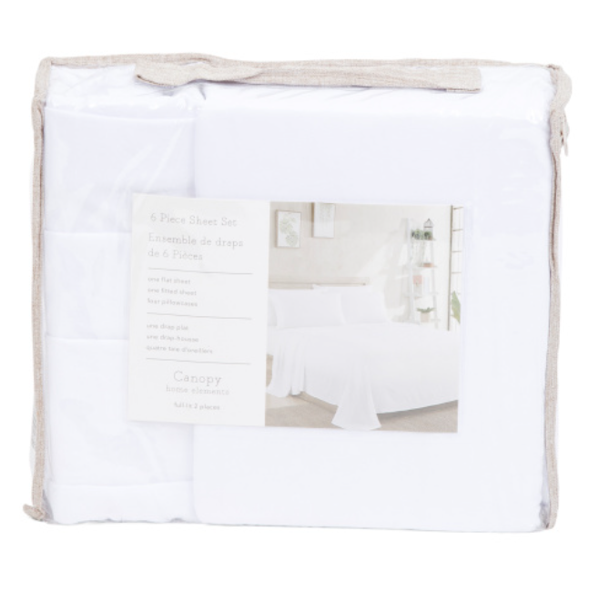 Packaged white mattress cover with beige border on a white background