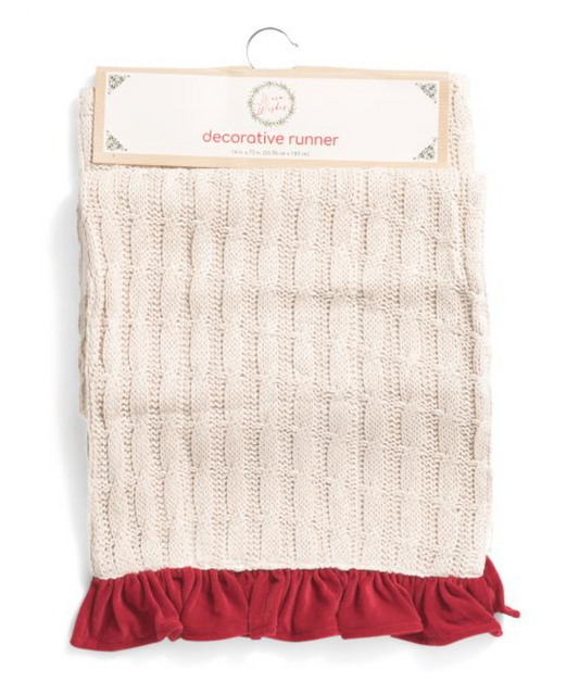 Warm Wishes cable knit table runner with red ruffle trim