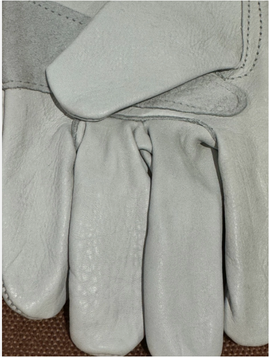 Close-up of a gray leather glove with stitching details.