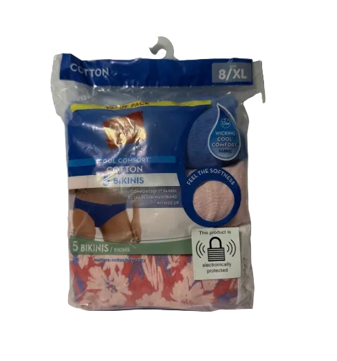 Packaged bikini set with visible branding on a white background