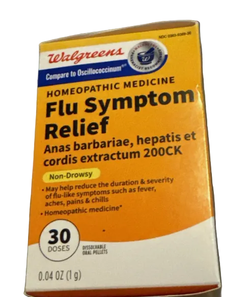 Walgreens Flu Symptom Relief package on a gray background