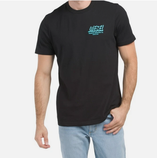 Person wearing a black t-shirt with a blue logo on a plain background