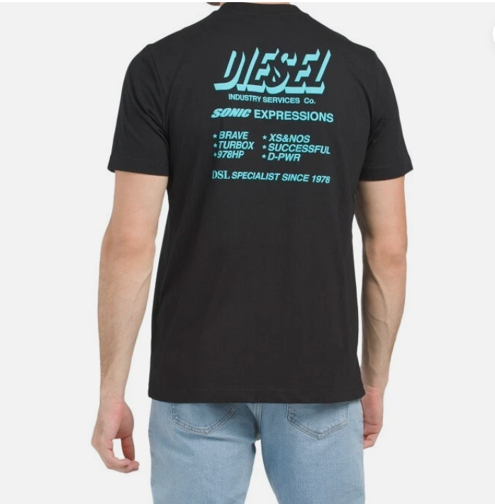 Black t-shirt with blue text on the back, worn by a person, on a white background