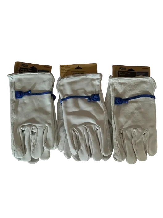 Three pairs of white gloves with blue straps on a wooden surface