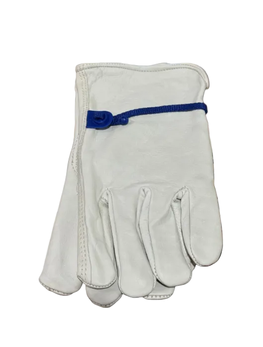 White leather glove with blue zipper on a patterned fabric background