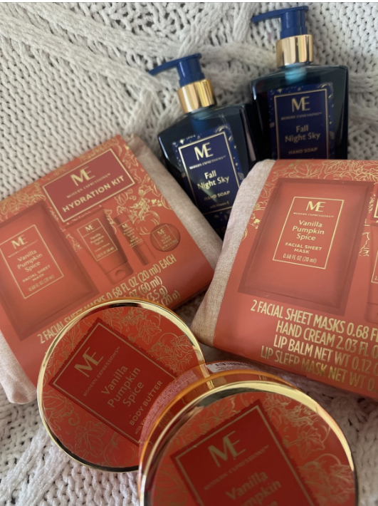 Cosmetic products with 'ME' branding on a textured surface