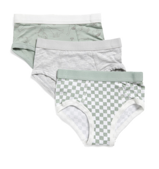 Three pairs of underwear with different patterns on a white background