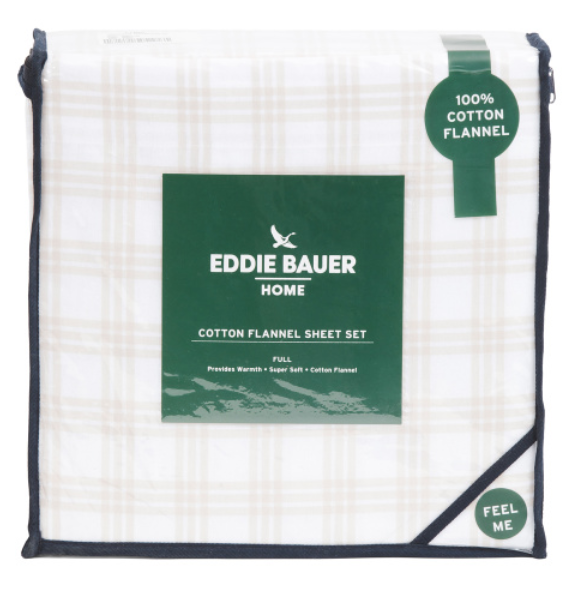 Eddie Bauer cotton flannel sheet set packaging with green label