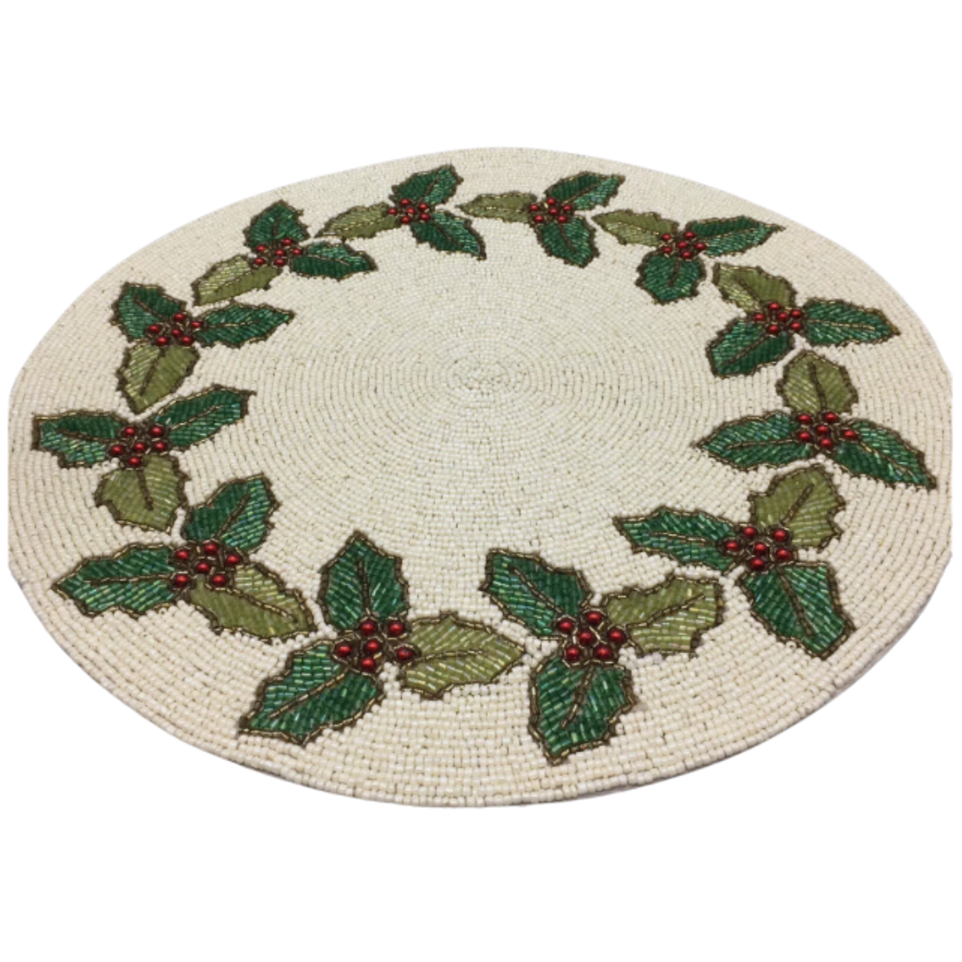 Round holiday placemat featuring a beaded holly leaf and berry design on a neutral background, ideal for Christmas table décor.
