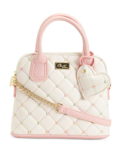 Luv Betsey Dome Satchel Crossbody Bag Pink Ivory Quilted Embroidered Logo Charm