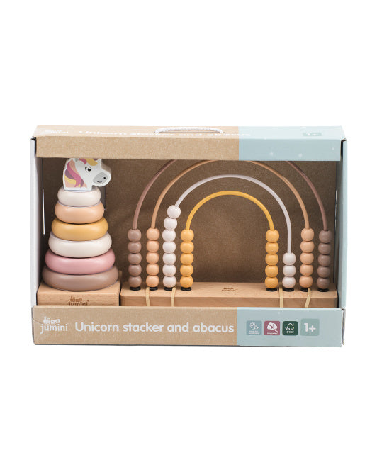 Jumini wooden unicorn abacus and stacking toy set in pastel colors, ideal for toddlers.