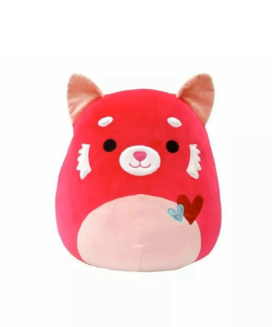 A plush toy resembling a red panda with a pink belly, and a heart-shaped detail on its left paw.