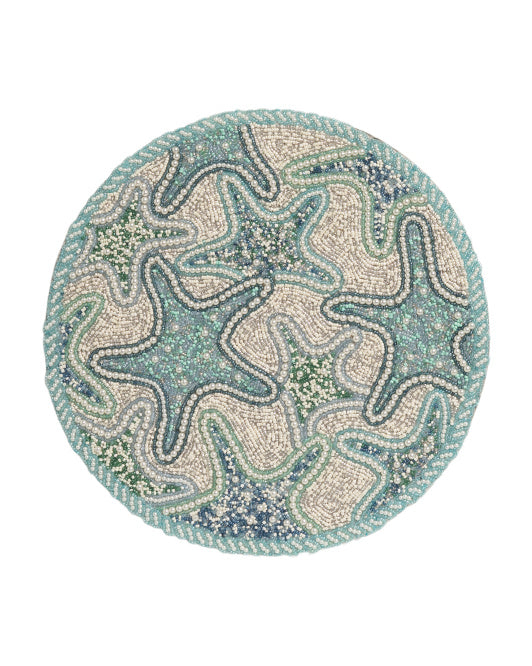 Handmade Round Starfish Beaded Placemat with intricate beading, featuring a coastal design with starfish patterns in soft shades of blue, green, and beige, 15-inch diameter