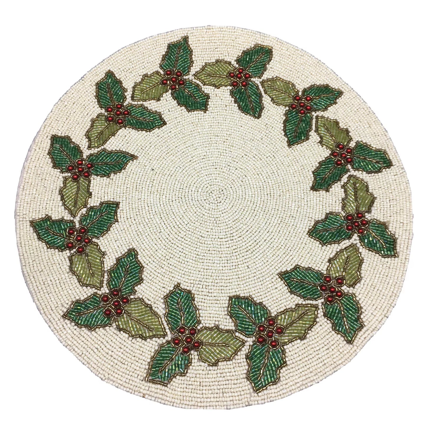 Round holiday placemat featuring a beaded holly leaf and berry design on a neutral background, ideal for Christmas table décor.