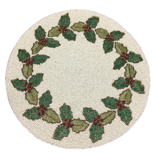 Round holiday placemat featuring a beaded holly leaf and berry design on a neutral background, ideal for Christmas table décor.