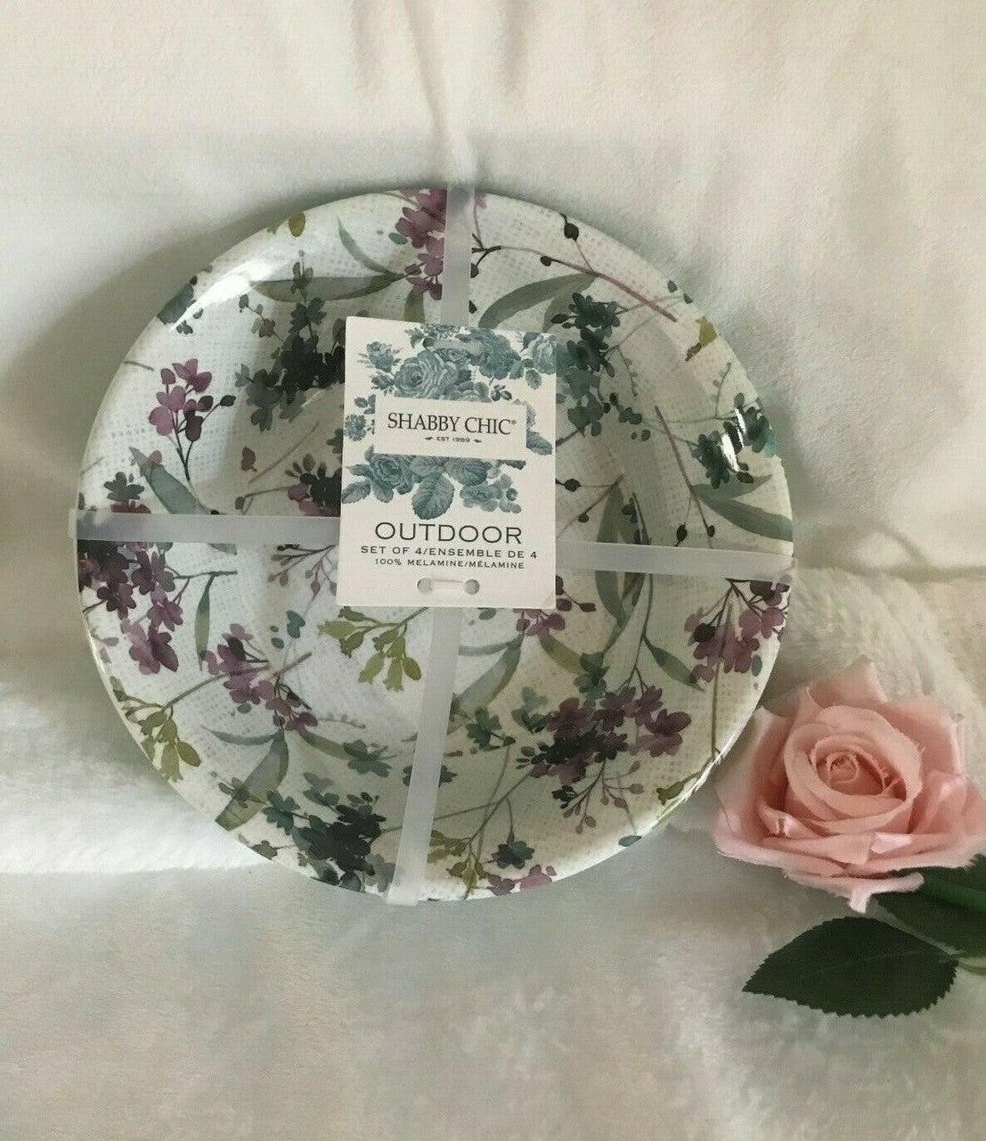 Shabby Chic 4 pcs Spring Floral Lilac Melamine 7.5" BOWLS Plates Appetizer
