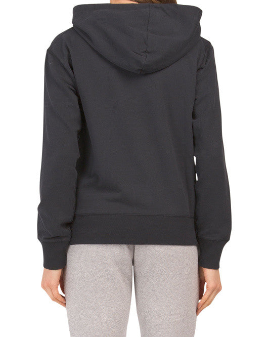 Black pullover hoodie with circular logo graphic on front and drawstring hood