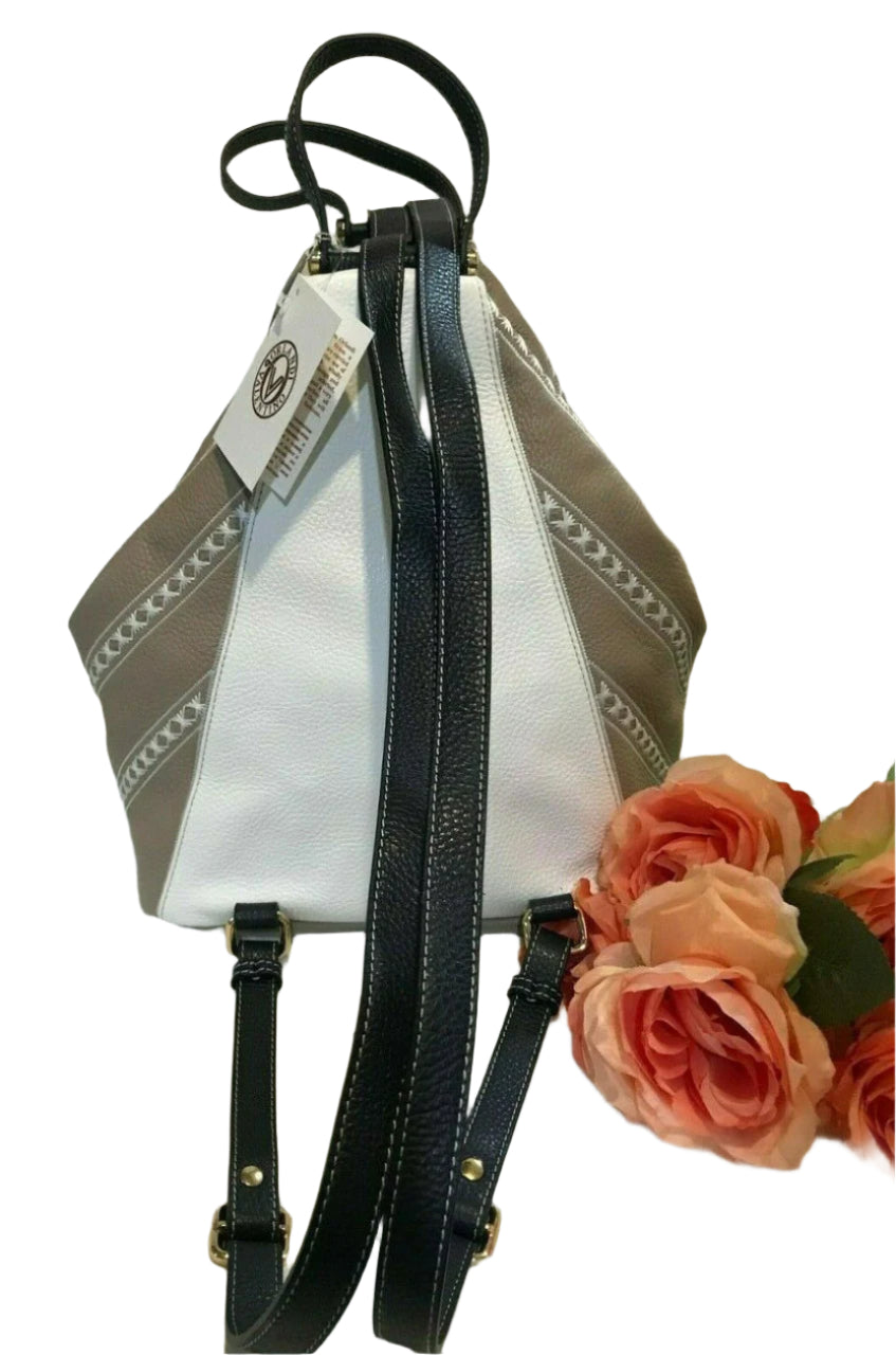 Valentino Orlandi convertible leather backpack with Swarovski crystals in white and taupe – handmade in Italy

