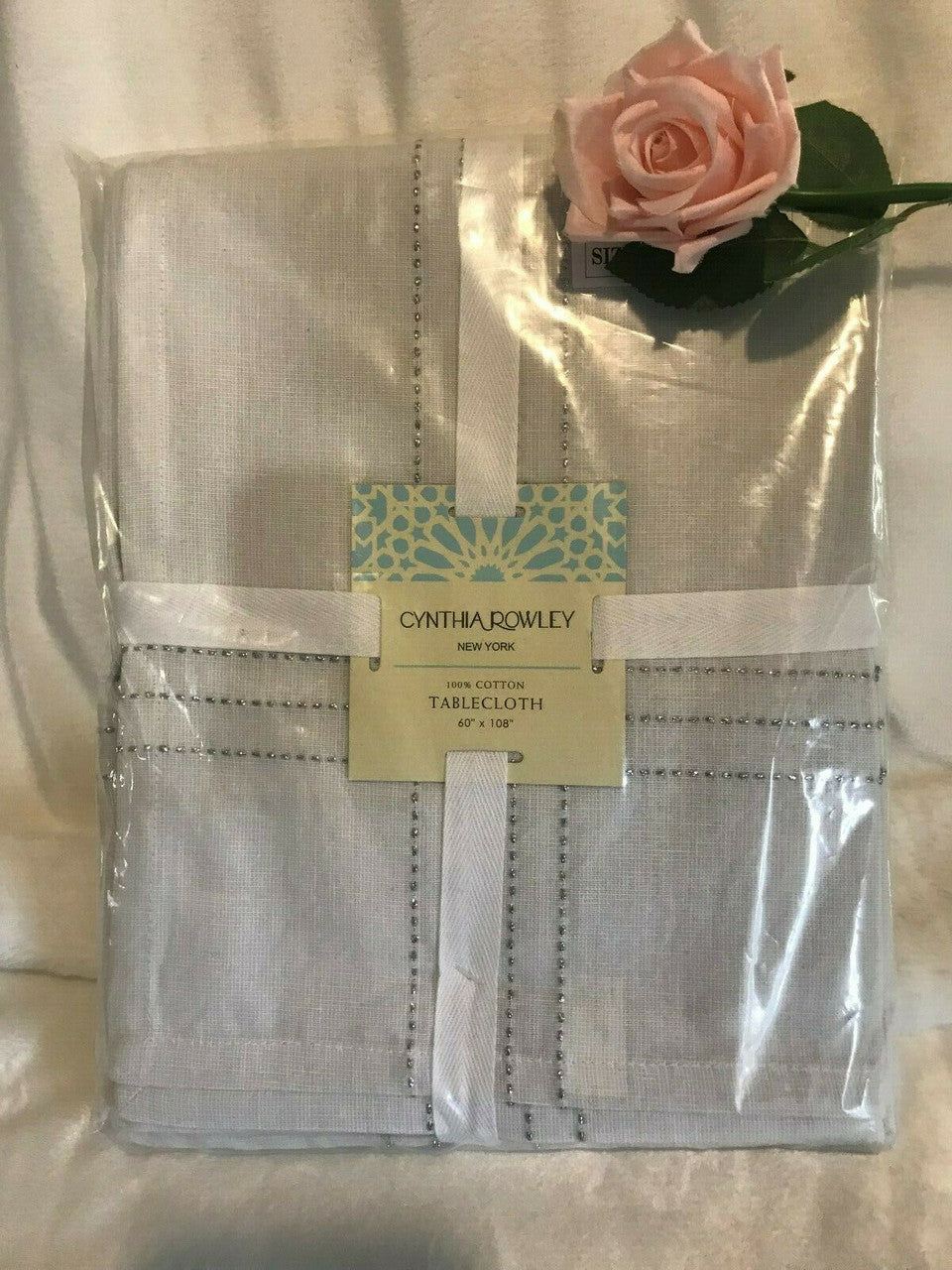 Cynthia Rowley TABLECLOTH 60"x 108" Silver Metallic Teshi Chambray