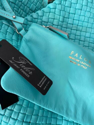 Falor Woven leather handbag tote w/ pouch AQUA F7349 teal blue ITAALE