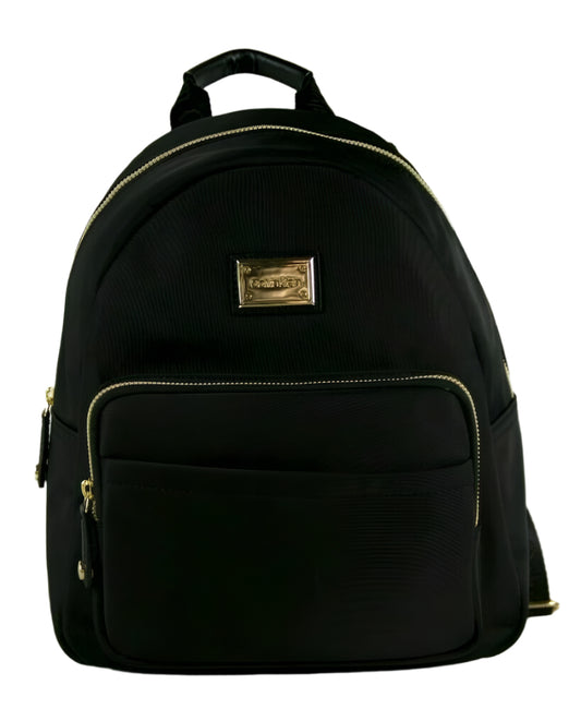 Calvin Klein black nylon backpack with gold logo patch and hardware