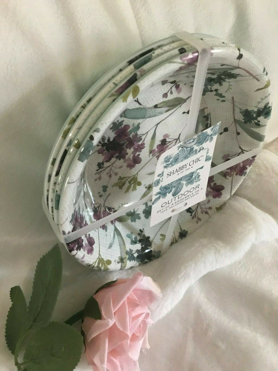 Shabby Chic 4 pcs Spring Floral Lilac Melamine 7.5" BOWLS Plates Appetizer