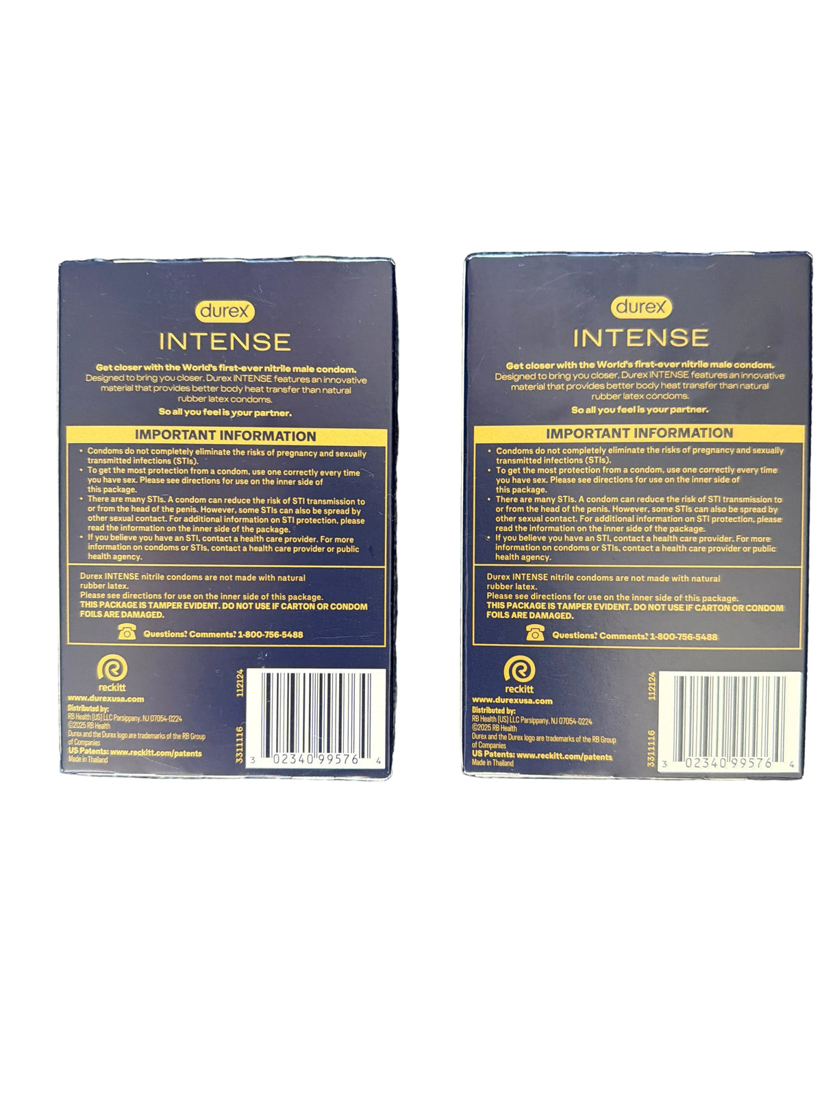 Back of two Durex Intense non-latex condom boxes showing product information and barcodes, 24 condoms per box.
