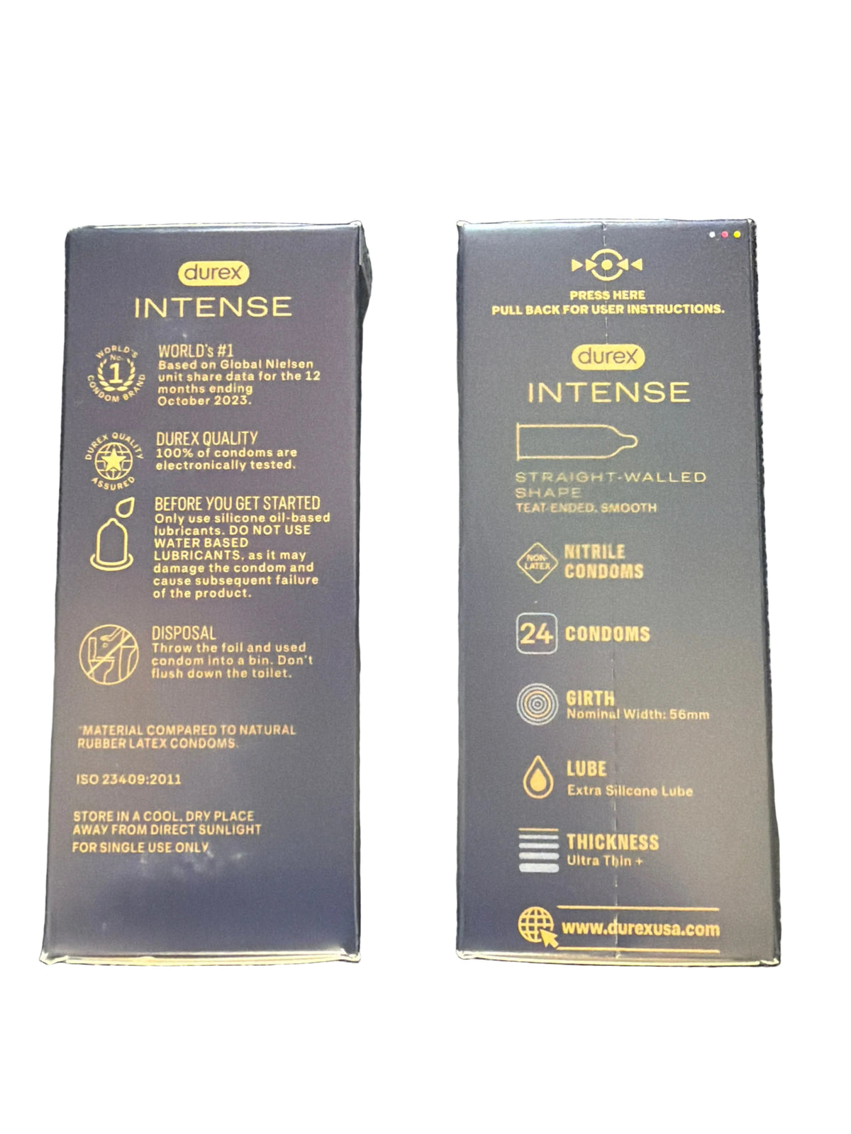Side panels of two Durex Intense 24-count condom boxes showing storage instructions, 56 mm nominal width, extra silicone lubrication and ultra-thin features.