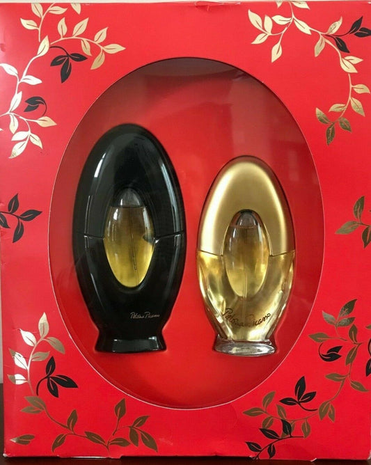 Paloma Picasso perfume gift set with two Eau de Parfum bottles in red floral box – 1.7 oz and 1.0 oz