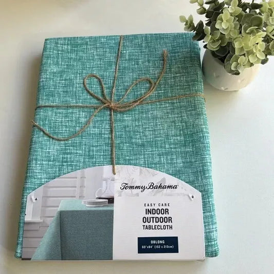 Tablecloth Woven Cross Dyed  60" x 84" | Water & Fade Resistant, Green/Blue