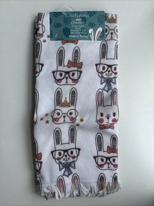 Set of 2 Happy Easter Kitchen Towels – Oversized 20” x 30” | 100% Turkish Cotton