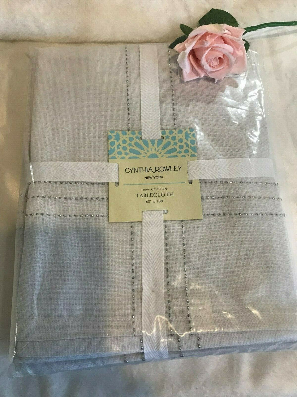 Cynthia Rowley TABLECLOTH 60"x 108" Silver Metallic Teshi Chambray