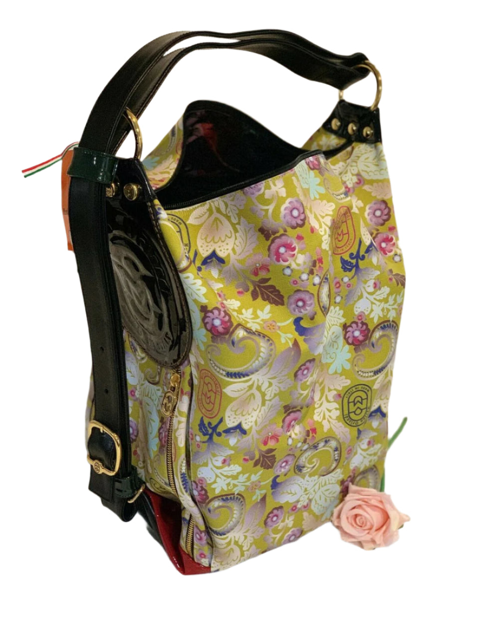 Marino Orlandi convertible leather backpack handbag with floral print and gold hardware – made in Italy