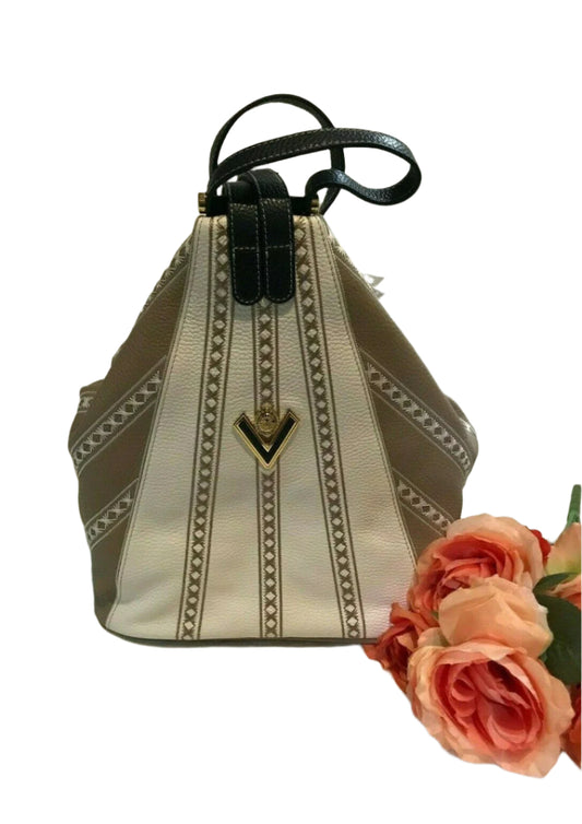 Valentino Orlandi convertible leather backpack with Swarovski crystals in white and taupe – handmade in Italy

