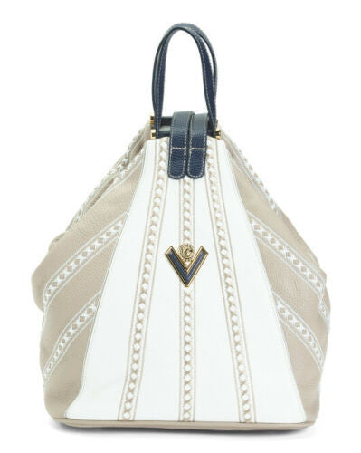Leather Convertible Swarovski Sling Backpack Satchel – White/Taupe