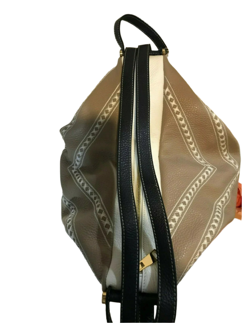 Valentino Orlandi convertible leather backpack with Swarovski crystals in white and taupe – handmade in Italy

