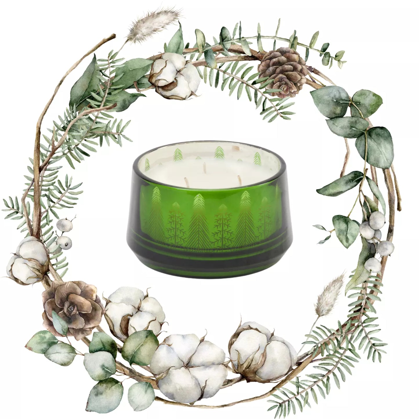 An 18oz Pine and Sage 3-Wick Candle with a Christmas tree motif, hand-poured, displayed in a green glass container surrounded by festive decorations including Christmas trees and wrapped gifts.