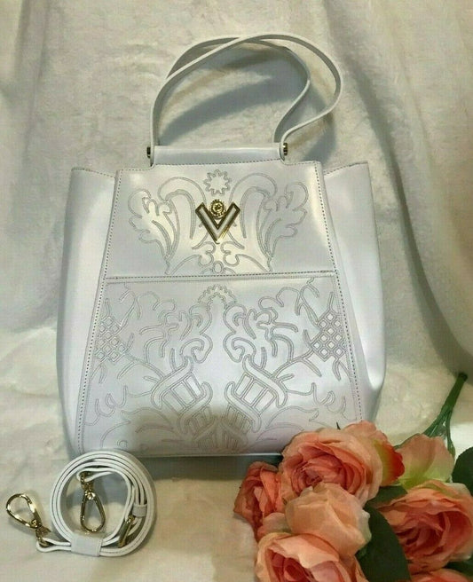 Swarovski Crystals White Leather Handbag Satchel Shoulder Valentino Orlandi