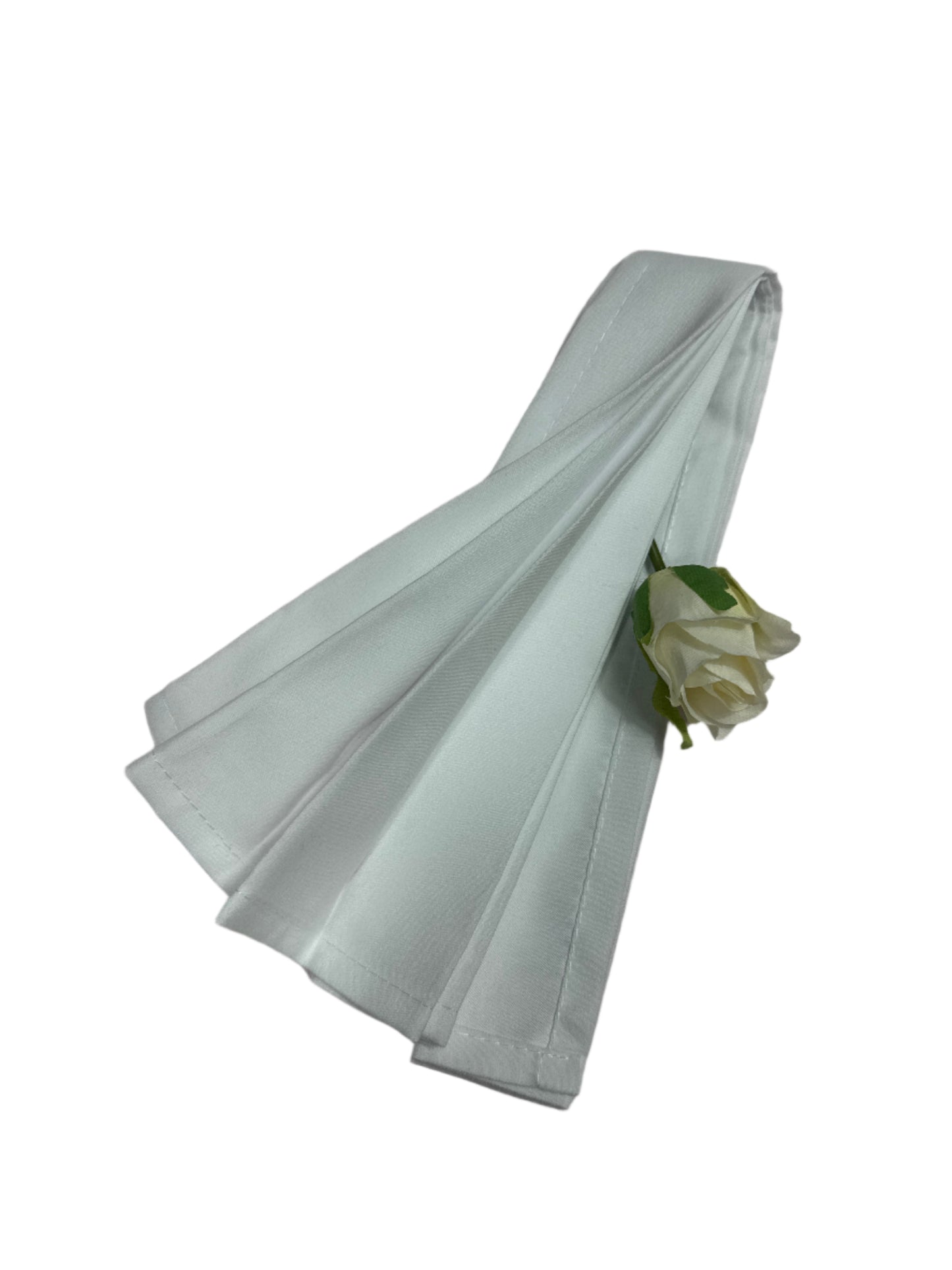 White polyester cloth napkins 18 x 18 inches set of eight by Monarch Linens shown folded and styled for formal and everyday table settings