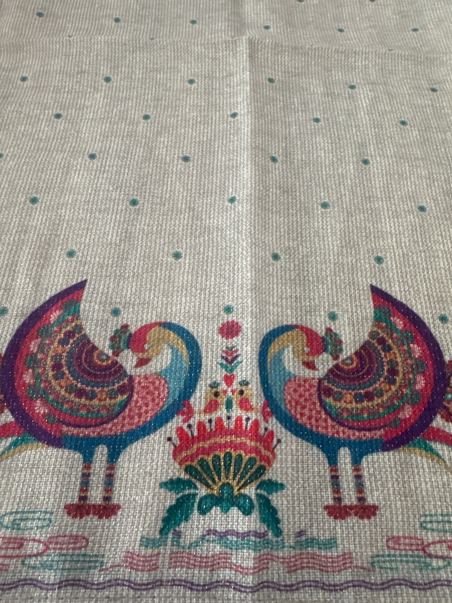 Happy Diwali – Festival of Light peacock cloth napkins set with colorful printed design and lurex accents, shown in folded and close-up views