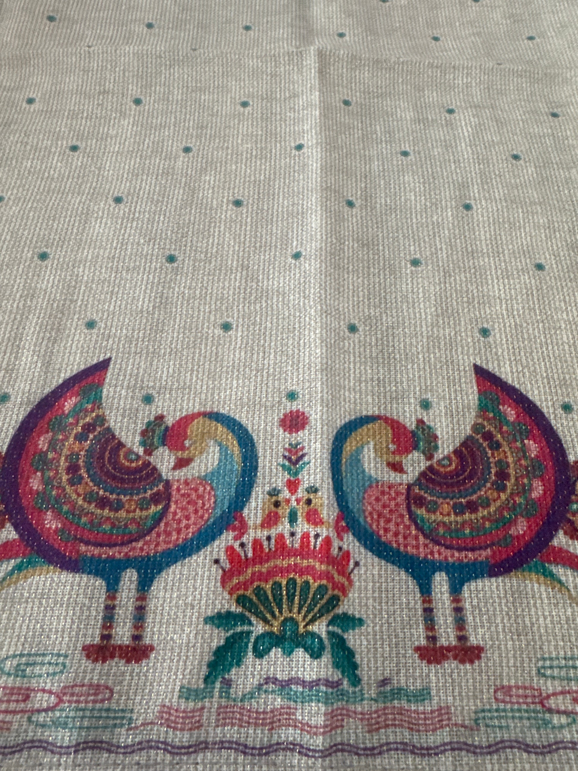 Happy Diwali – Festival of Light peacock cloth napkins set with colorful printed design and lurex accents, shown in folded and close-up views