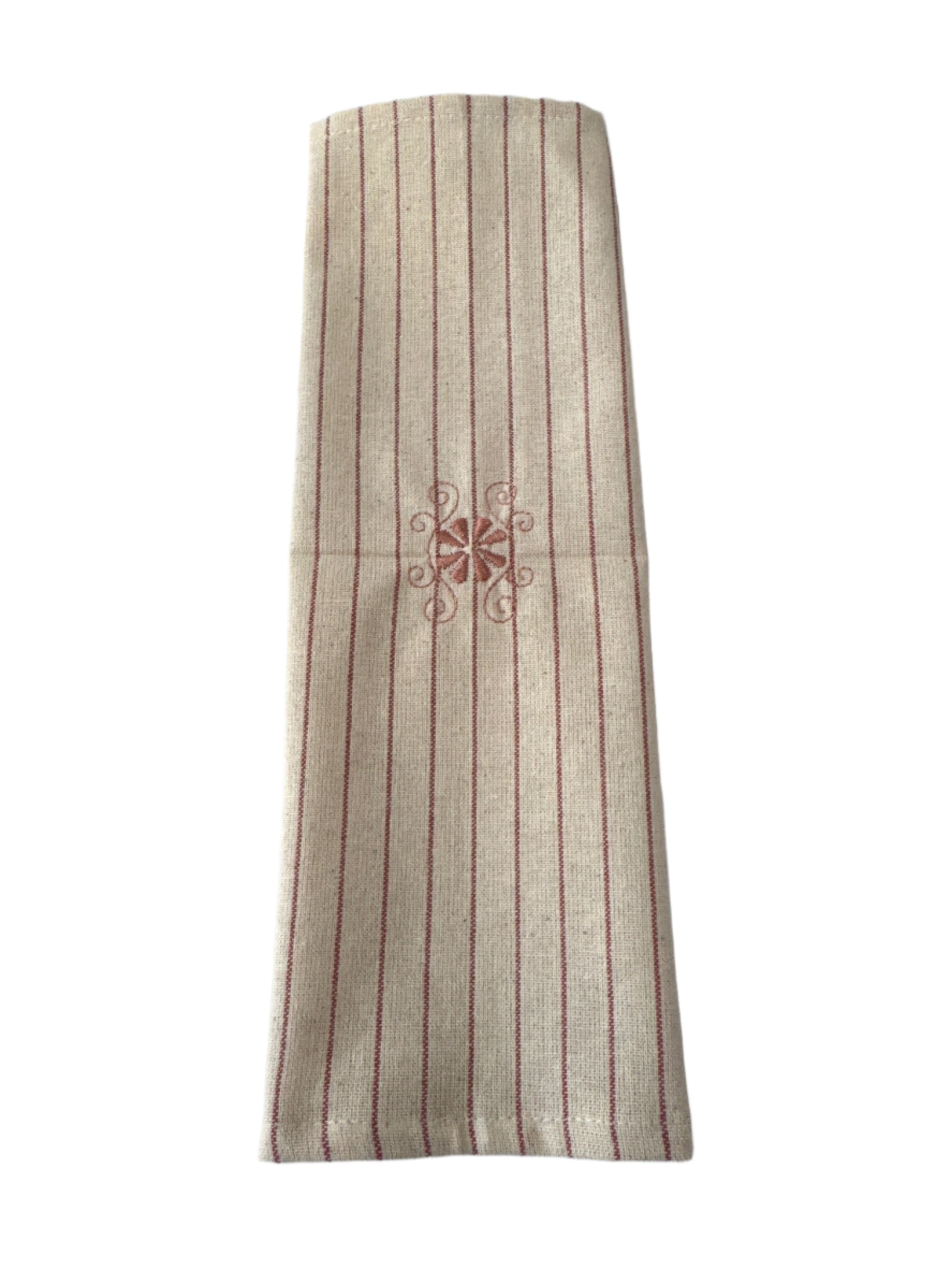 Unbleached cotton cloth napkin with delicate red embroidered floral motif and fine stripe detailing, 12 x 12 inch reusable eco friendly table napkin shown folded on a neutral background