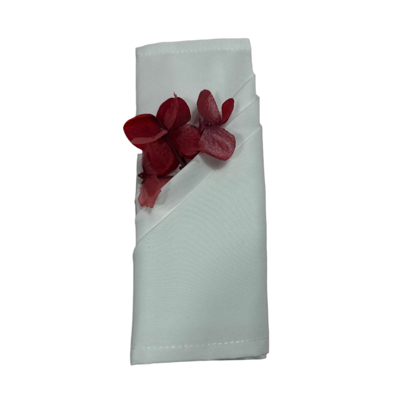 White polyester cloth napkins 18 x 18 inches set of eight by Monarch Linens shown folded and styled for formal and everyday table settings